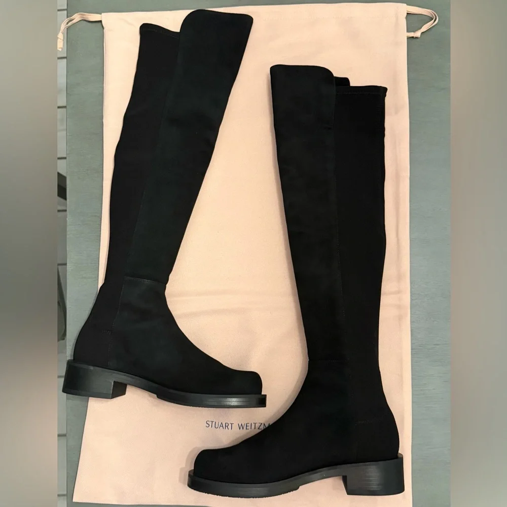 Stuart Weitzman 5050 Black Suede Leather Over Knee Stretch Boot Block Heel 5B